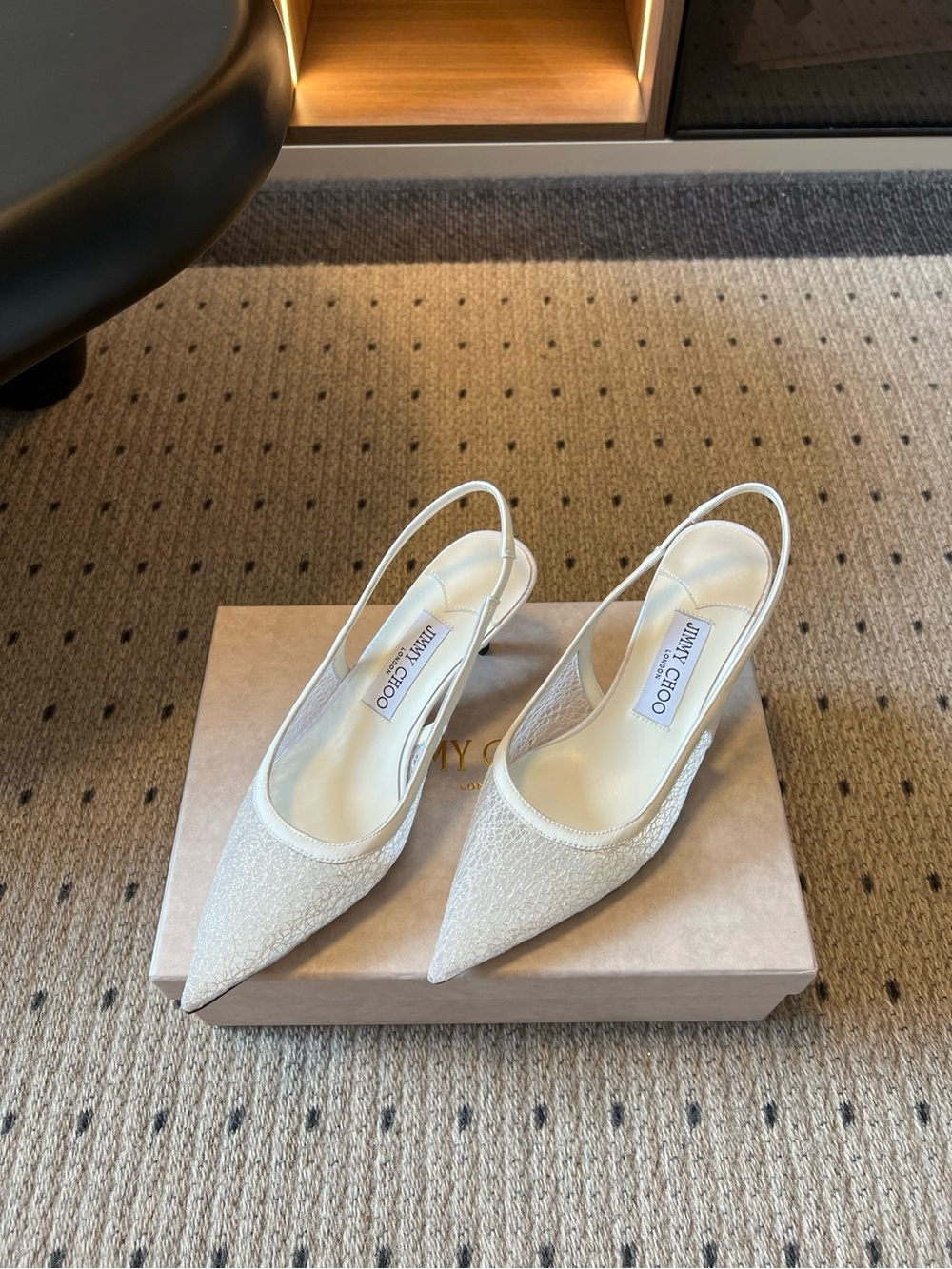 Jimmy Choo Ivory Pointed Slingback Pumps with Subtle Sparkle